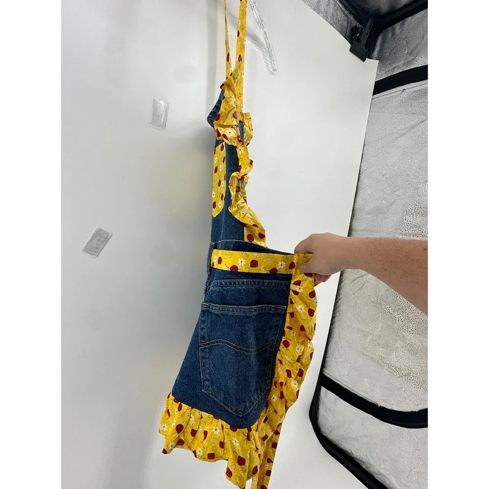 Handmade Denim Kitchen Apron Ladybug Ruffle Lee Jeans Repurposed Cottagecore